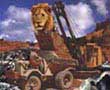 Lion in junkyard.